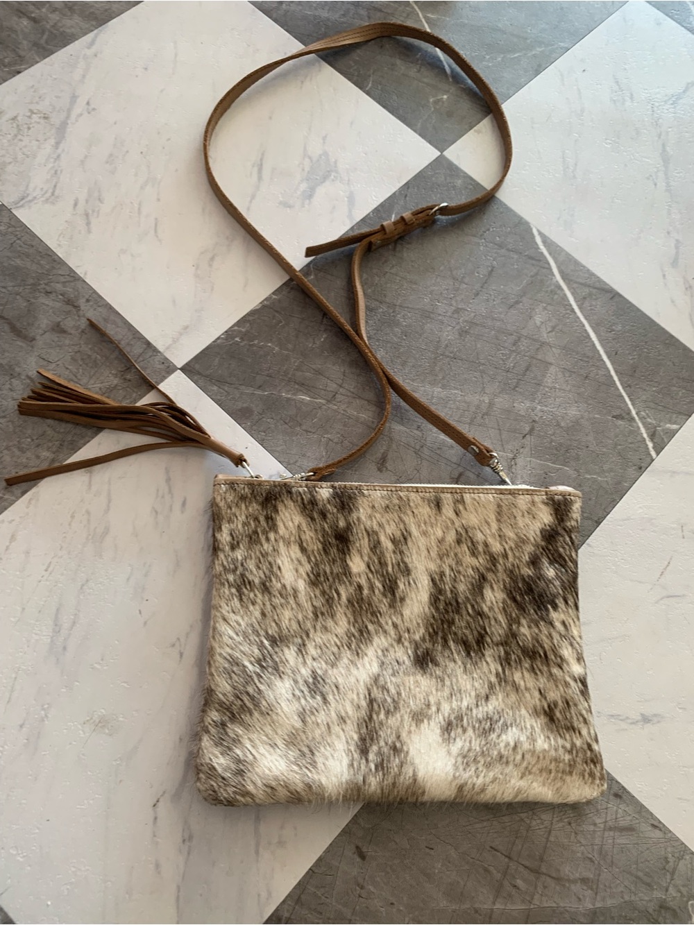 Natural Cowhide Crossbody Bag with Tassel - Brown